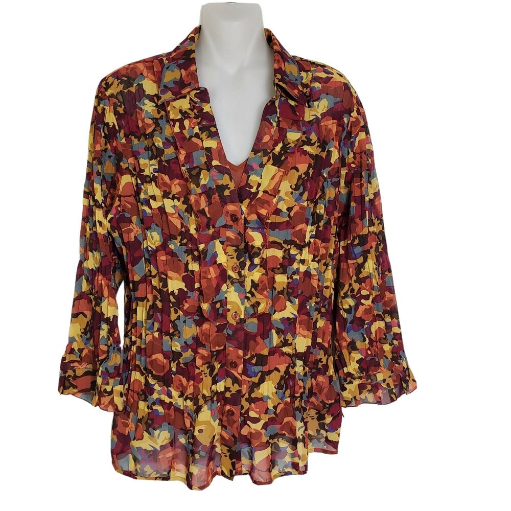 Notations Womens Blouse Cami 2 Pc Large Multicolor Button Crinkle Ruffle V Neck